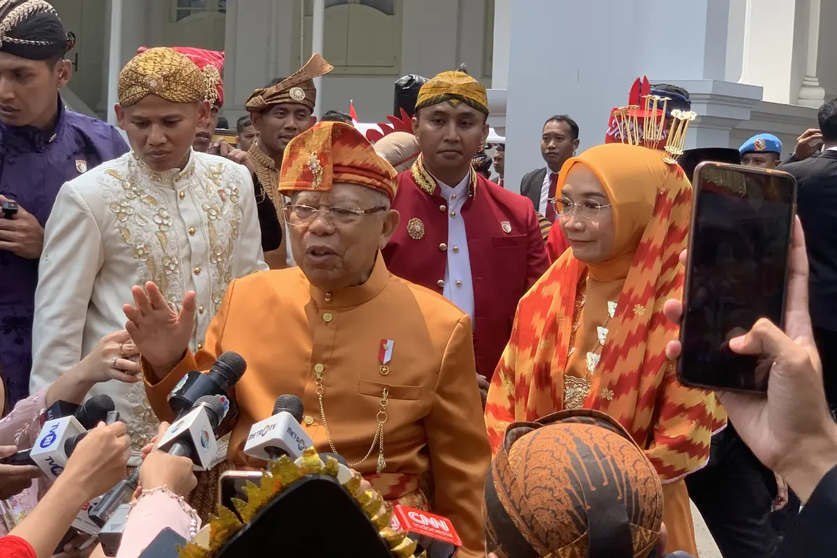 Wakil Presiden (Wapres) Ma’ruf Amin usai menghadiri Peringatan Hari Ulang Tahun (HUT) Ke-79 Kemerdekaan Republik Indonesia di Istana Merdeka, Jakarta.