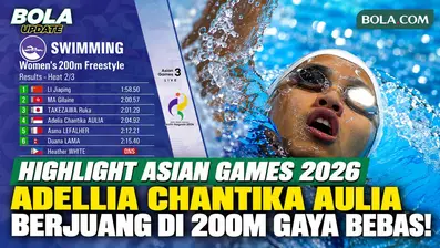 Saksikan aksi perenang Indonesia, Adelia Chantika Aulia, saat berlaga pada babak penyisihan nomor 200 meter gaya bebas putri di Asian Games 2026. Adelia finis di posisi keempat pada Heat 2 dengan catatan waktu 2 menit 4,92 detik.