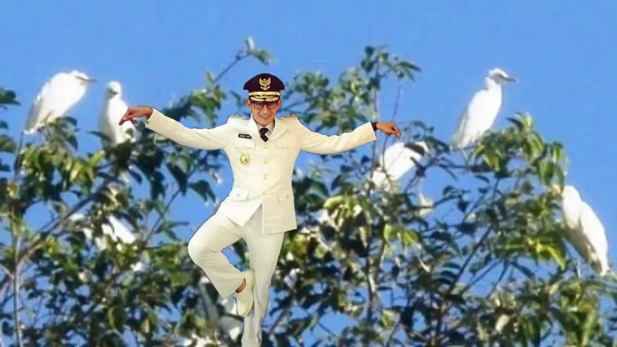 Meme Sandiaga Uno yang memeragakan gaya bangau terbang. (Sumber Foto: Twitter/@24wenM)