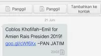 SMS anjuran memilih salah satu calon di Pilkada Jawa Timur (Liputan6.com/Dian Kurniawan)