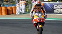 Pembalap Repsol Honda, Marc Marquez tampil sebagai yang tercepat pada FP3 MotoGP Spanyol 2018. (Twitter/HRC_MotoGP)