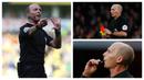 Wasit Mike Dean dan keluarganya mendapat ancaman pembunuhan usai mengeluarkan 3 kartu merah dalam 2 partai beruntun di Premier League. Wasit yang telah memimpin lebih dari 500 partai sejak tahun 2000 ini memang dikenal kerap membuat keputusan kontroversial. (Kolase Foto AFP)