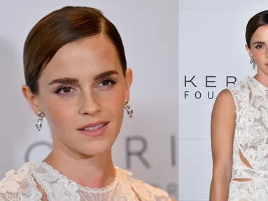 Foto kolase Emma Watson saat menghadiri makan malam The Kering Foundation's Caring for Women di The Pool on Park Avenue, New York City, Amerika Serikat, 15 September 2022. Emma Watson tampil glamor saat menghadiri acara tersebut. (ANGELA WEISS/AFP)