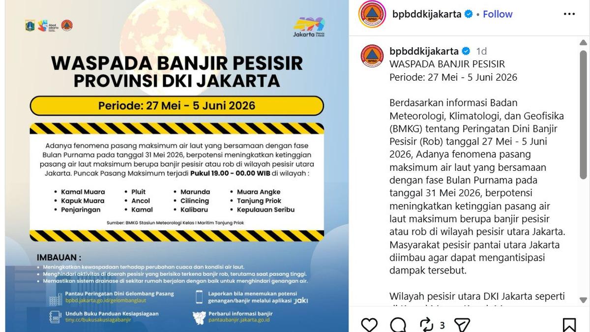 Waspada Banjir Pesisir Jakarta Periode 27 Mei hingga 5 Juni 2026, Simak Daftar Wilayah