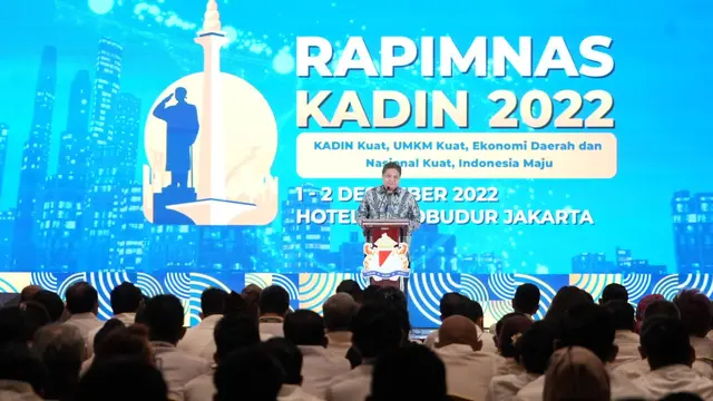 Menteri Koordinator Bidang Perekonomian Airlangga Hartarto dalam acara Penutupan Rapat Pimpinan Nasional Kadin 2022, Jumat (2/12/2022). (Dok Kemenko Perekonomian)
