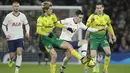 Gelandang Tottenham, Giovani Lo Celso, berusaha melewati gelandang Norwich, Todd Cantwell, pada laga Premier League di Stadion Tottenham, London, Rabu (23/1). Tottenham menang 2-0 atas Norwich. (AP/Matt Dunham)