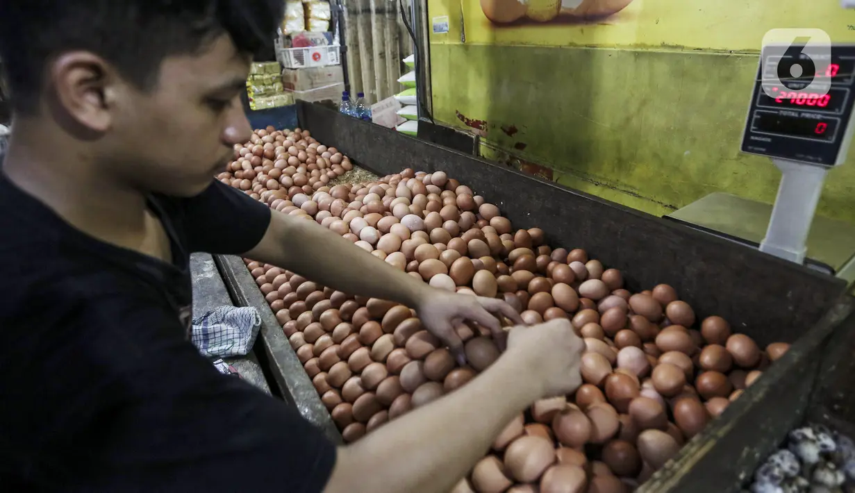 Pedagang menata telur ayam ras di salah satu stan Pasar Kebayoran Lama, Jakarta, Selasa (29/12/2020). Dinas KPKP Provinsi DKI Jakarta menyiapkan operasi pasar guna mengendalikan harga pangan, salah satunya telur ayam yang mengalami kenaikan jelang Tahun Baru 2021. (Liputan6.com/Johan Tallo)