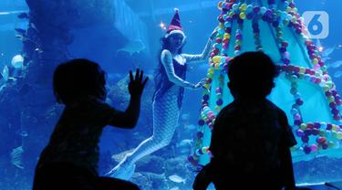 Anak-anak menyaksikan penyelam berkostum putri duyung di dalam air yang dihiasi pohon natal di Jakarta Aquarium dan Safari, Mal Neo Soho, Grogol, Jakarta, Kamias (24/12/2020). Pertunjukan tersebut untuk mengisi libur Natal dan Tahun Baru 2021. (Liputan6.com/Angga Yuniar)