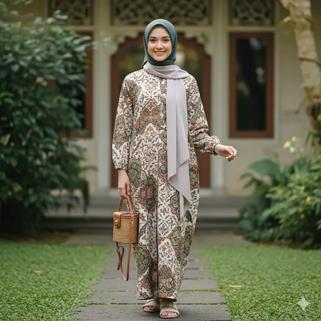 Gamis Motif Floral + Pashmina Satin Polos Netral