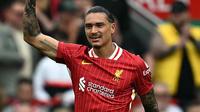 Selebrasi Darwin Nunez usai mencetak gol kemenangan Liverpool saat menjamu Bournemouth pada pekan kelima Liga Inggris, Sabtu (21/9/2024). ( AFP/Paul Ellis)