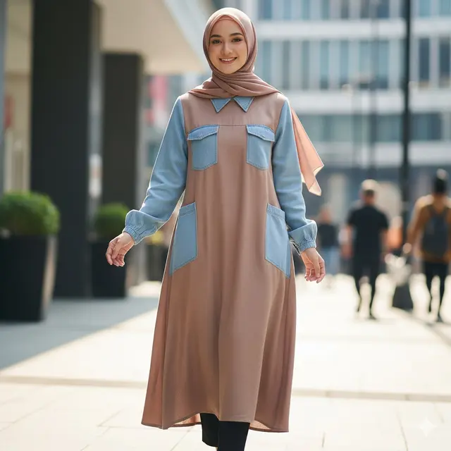 Midi Dress Linen Kombinasi Denim
