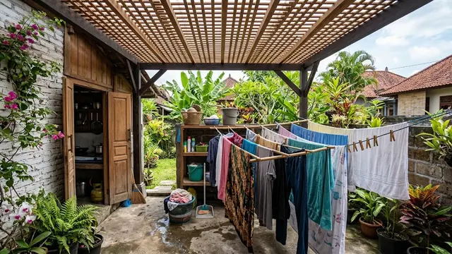Desain Ruang Jemur di Belakang Rumah dengan Atap Kisi-Kisi
