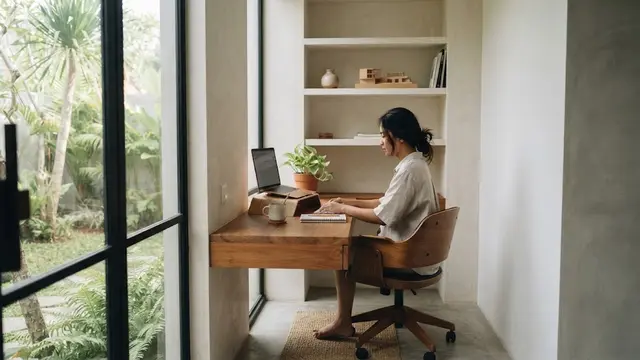Ruang Kerja di Rumah dengan Meja Menempel Pada Dinding