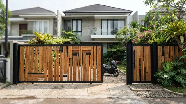 Model Pagar dengan Gerbang Kayu yang Terlihat Natural