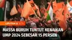 Menuntut kenaikan upah minimum tahun 2024 sebesar 15 persen. Massa buruh menggelar unjuk rasa di kawasan patung kuda, Gambir, Jakarta Pusat, Jumat siang. Massa buruh mengancam akan mogok nasional, bila tuntutannya tidak dipenuhi.