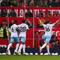 Bek Crystal Palace (16) Joachim Andersen&nbsp;berselebrasi setelah mencetak gol ke gawang Manchester United pada pertandingan Liga Inggris di Old Trafford, Manchester,&nbsp;Sabtu, 30 September 2023. (Oli SCARFF / AFP)