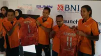 Jakarta BNI Taplus meluncurkan tim putra dan putri yang akan berlaga pada ajang Proliga 2018 di Kantor Pusat BNI, Jakarta, Jumat (12/1/2018). (Bola.com/Muhammad Wirawan Kusuma(