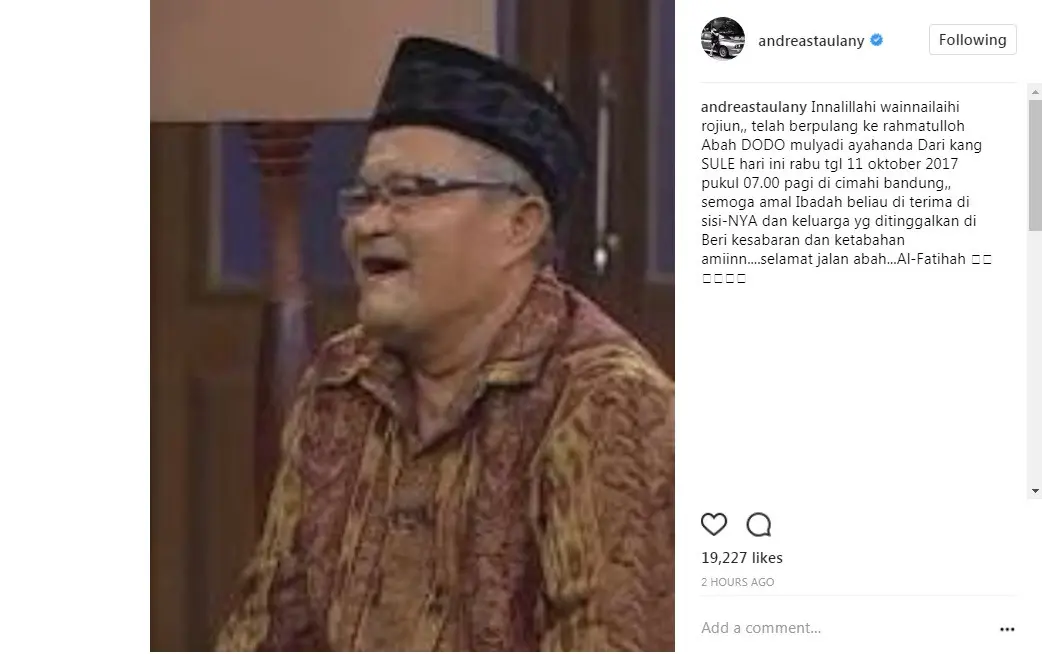 Andre Taulany unggah foto ayah Sule semasa hidup (Foto: Instagram)