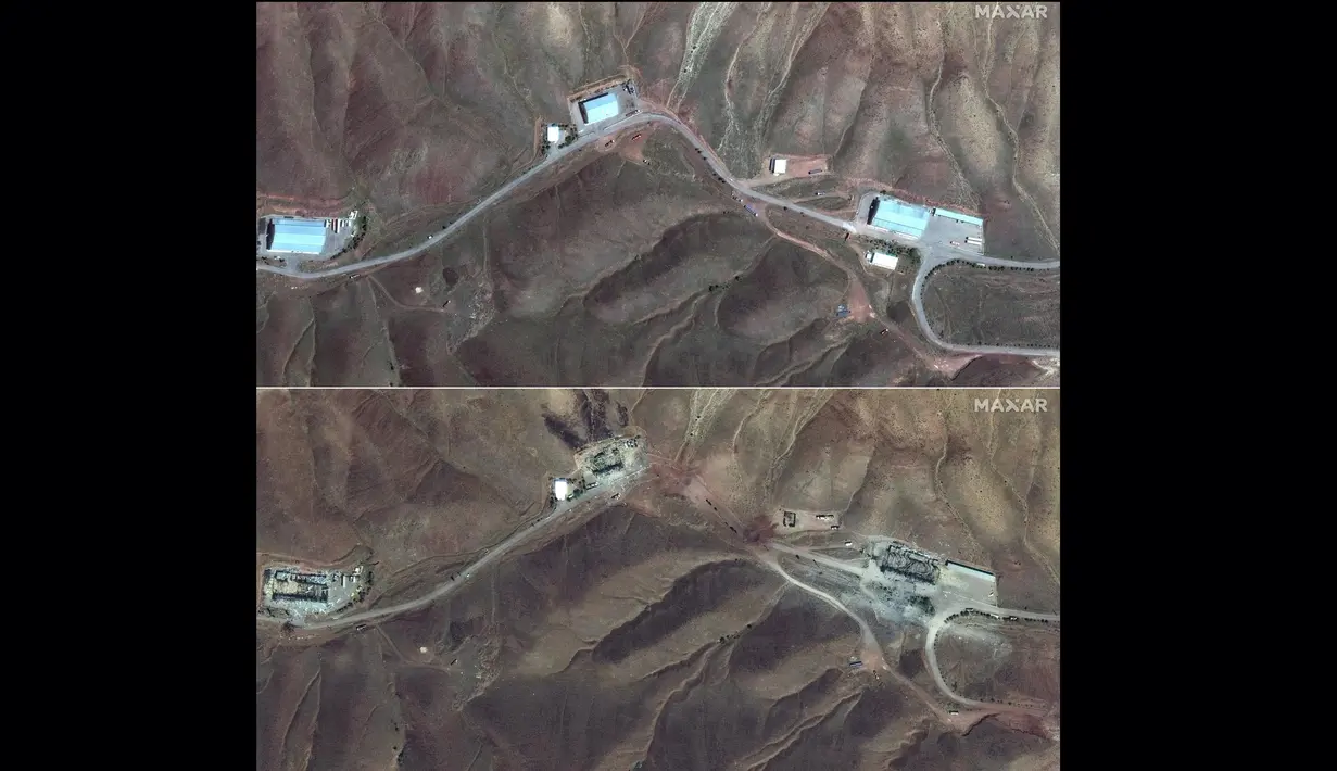 Kombinasi gambar yang dibuat pada 17 Juni 2025 dengan menggunakan citra satelit yang dirilis oleh Maxar Technologies ini menunjukkan bangunan penyimpanan di fasilitas rudal Tabriz di Tabriz, Iran, pada 29 Mei 2025 (atas) dan pada 17 Juni 2025 setelah dihantam serangan udara Israel. (Foto oleh Citra satelit ©2025 Maxar Technologies/AFP)