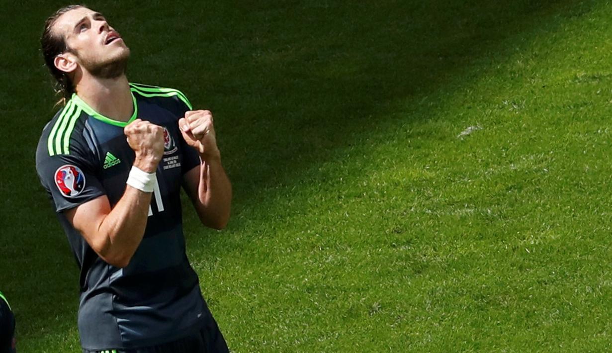 Ekspresi Gareth Bale setelah mencetak gol ke gawang Inggris dalam laga Grup B Piala Eropa 2016 di Stade Bollaert-Delelis, Lens, (16/6/2016). (Reuters/Benoit Tessier)