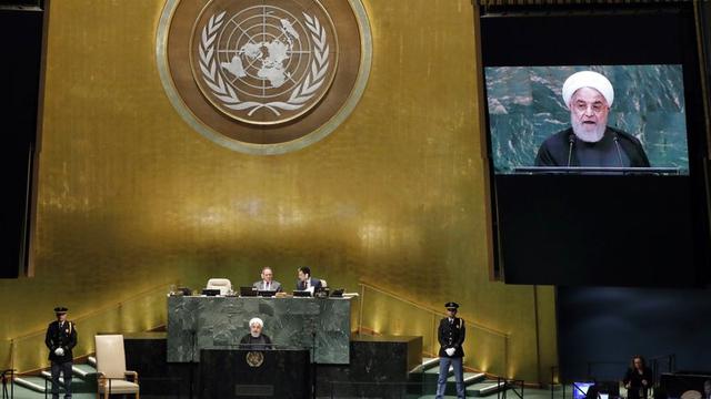 Presiden Iran Hassan Rouhani saat menyampaikan pidato di Sidang Majelis Umum PBB 2018 di New York (AP PHOTO / Richard Drew)