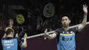 Ganda putra Indonesia, Kevin Sanjaya / Marcus Gideon, merayakan kemenangan atas ganda Jerman pada Indonesia Masters 2019 di Istora Senayan, Jakarta, Rabu (23/1). Kevin / Marcus lolos ke 16 besar. (Bola.com/M. Iqbal Ichsan)