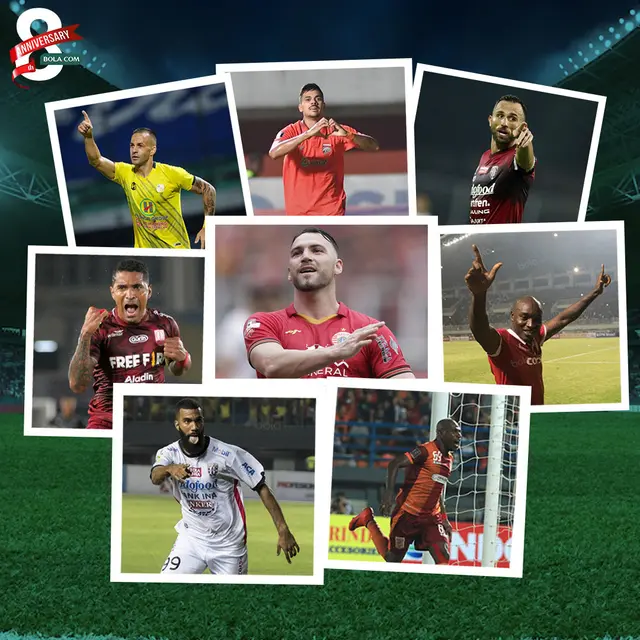 Kolase selebrasi gol Matheus Pato, Ilija Spasojevic, Marko Simic, Aleksandar Rakic, Sylvano Comvalius, Alberto Goncalves, Emmanuele Pacho Kenmogne, Boas Solossa