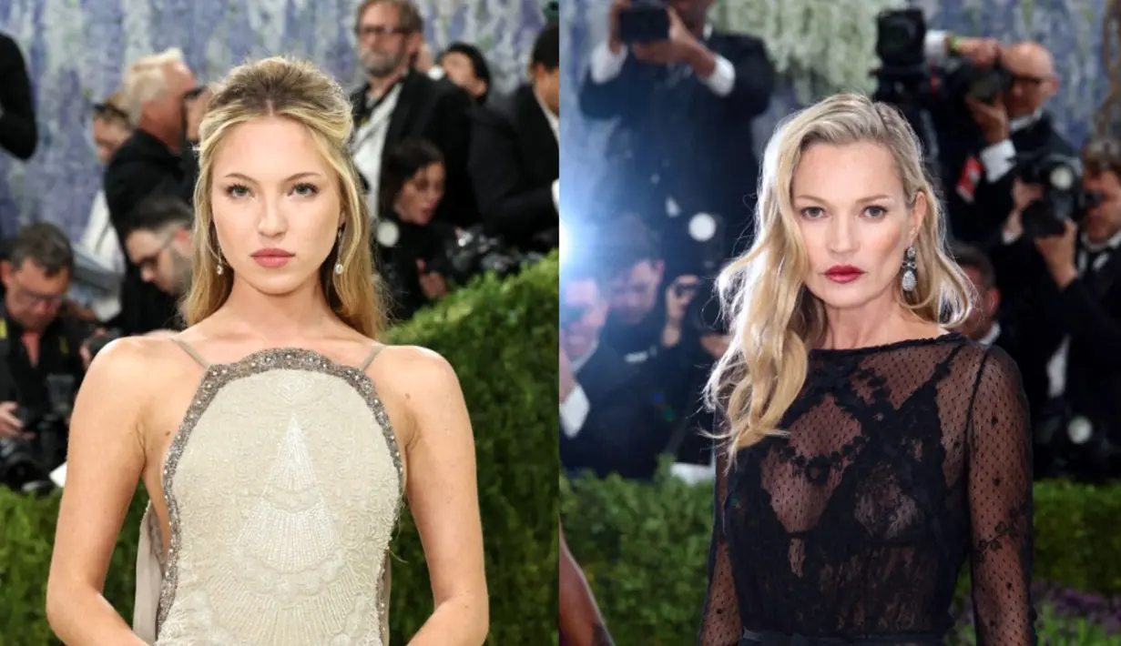 Kate Moss dan Lila Moss tampil kontras di Met Gala 2026. Kate Moss terlihat berani dengan sheer lace gown dari Saint Laurent, sementara Lila Moss kenakan gaun bertekstur dari Conner Ives ]Photo by Dimitrios Kambouris / GETTY IMAGES NORTH AMERICA / Getty Images via AFP] [Photo by Jamie McCarthy / GETTY IMAGES NORTH AMERICA / Getty Images via AFP]