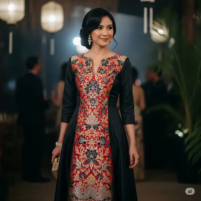 Dress dengan Panel Brokat Tengah