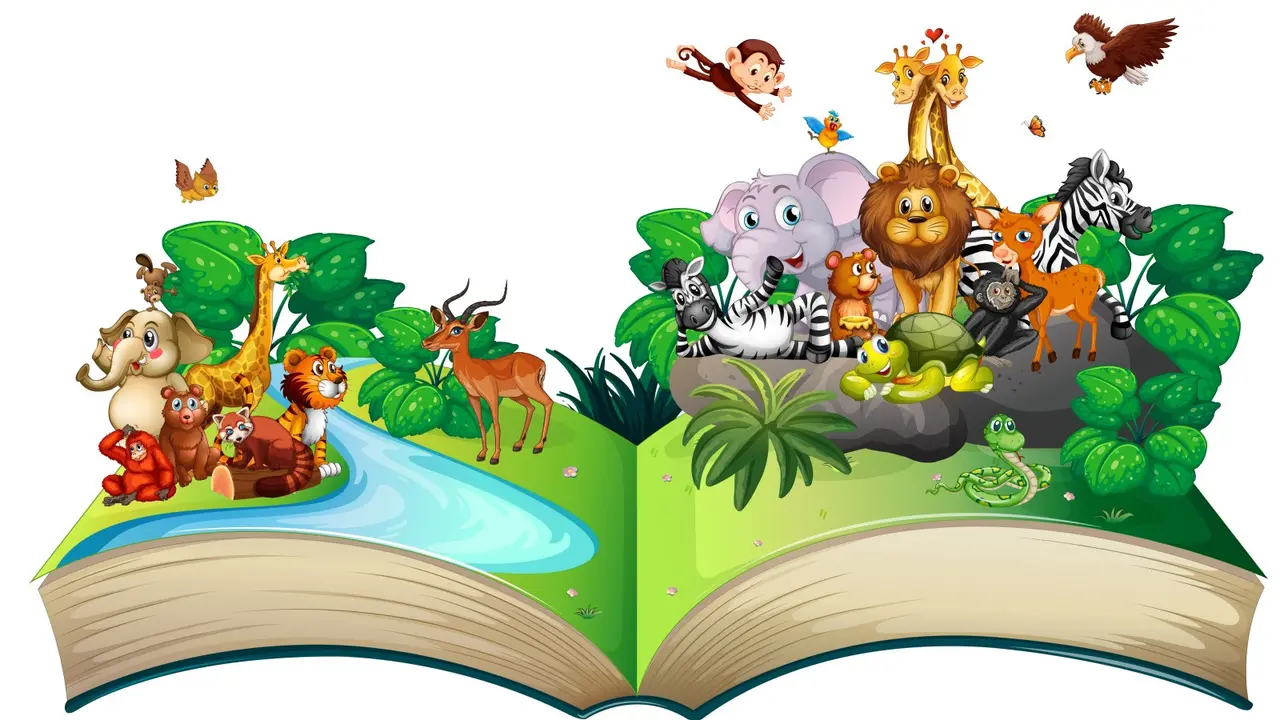 Ilustrasi membaca cerita, buku, fabel