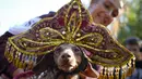 Seorang pemilik memegang dachshundnya dengan mengenakan hiasan kepala wanita tradisional Rusia saat festival parade dachshund di St. Petersburg, Rusia, Sabtu, 16 September 2023. (AP Photo/Dmitri Lovetsky)