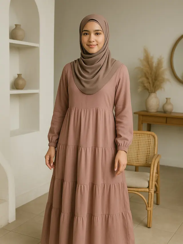 7 Model Gamis dengan Hijab Pashmina Lilit Simpel, Tampil Anggun Tanpa Ribet