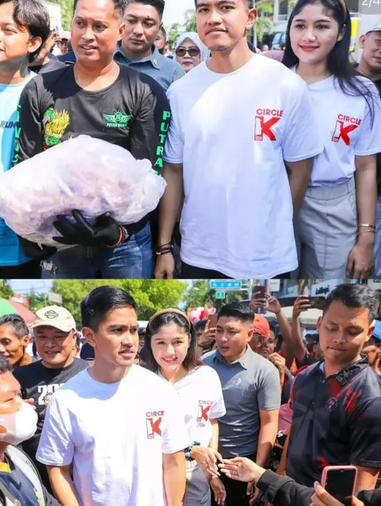 Erina juga mengenakan kaos putih dengan logo K yang serasi dengan Kaesang. Erina memadukan kaos tersebut dengan celana beigenya. [@psi_id]