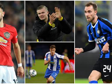 Berikut ini daftar pemain yang mewarnai bursa transfer musim dingin 2020. Diantaranya Erling Haaland, Bruno Fernandes dan Christian Eriksen. (Foto Kolase AFP)