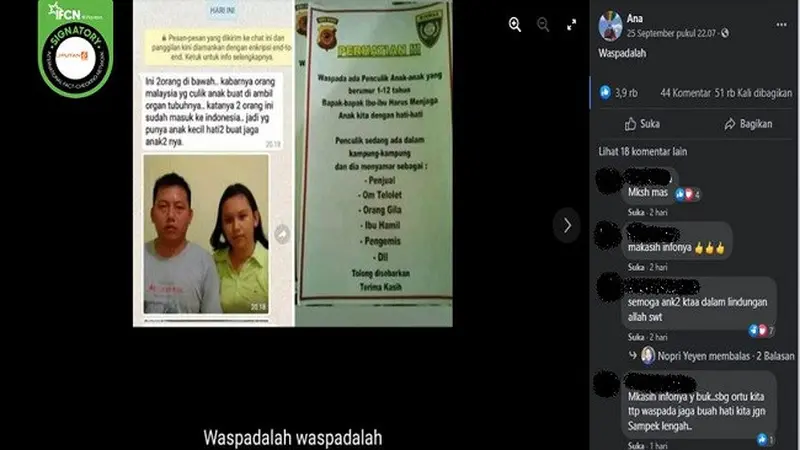 Gambar Tangkapan Layar Kabar Hoaks tentang WN Malaysia Masuk Indonesia dan Menculik Anak-anak (sumber: Facebook).