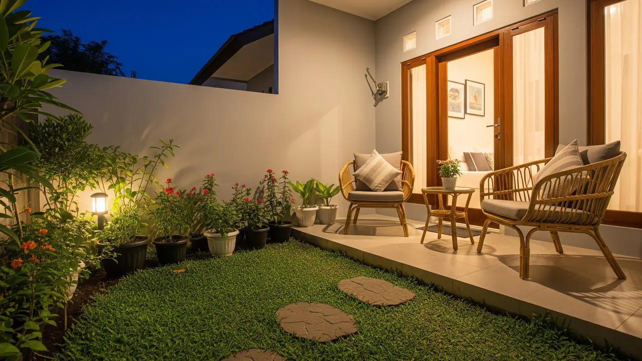 Teras dengan Taman Mini dan Kursi Rotan