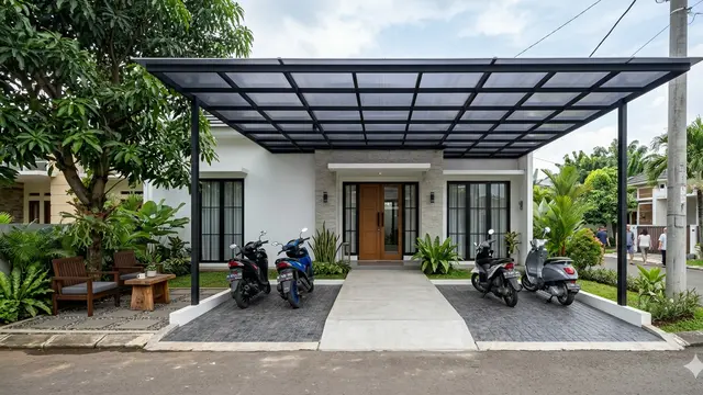 Ide Kanopi Teras Depan Rumah yang Cocok untuk Parkir Motor dan Santai. Gemini
