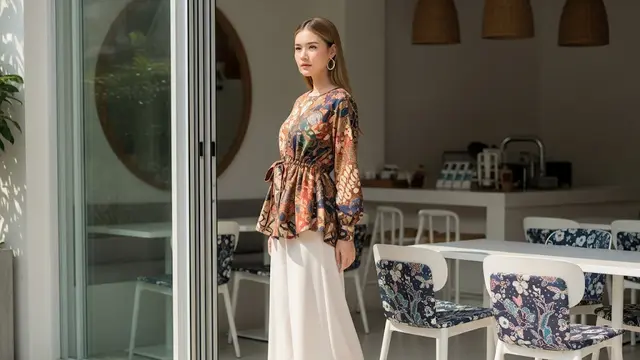 Batik Batwing Lengan Panjang dengan Detail Tali di Pinggang