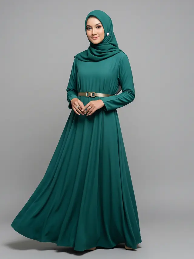 Gamis Teal Green yang Cocok untuk Lebaran 2026 Model Polos dengan Aksen Belt