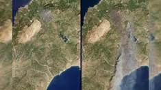 Kombinasi citra satelit yang disediakan oleh Planet Labs PBC dan diambil pada Kamis, 20 Juli 2023 di sebelah kiri dan Minggu, 23 Juli 2023 menunjukkan luasnya kebakaran hutan di sebagian pulau Rhodes, Yunani. (Planet Labs PBC via AP)