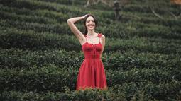 Saat berada di kebun teh, pemilik tinggi badan 175 cm ini terlihat begitu sumringah. Ya, jalan-jalan di kebun teh bisa menjadi momen healing untuk melepas penat dari pekerjaannya sebagai seorang aktris. (Liputan6.com/IG/@davikah)