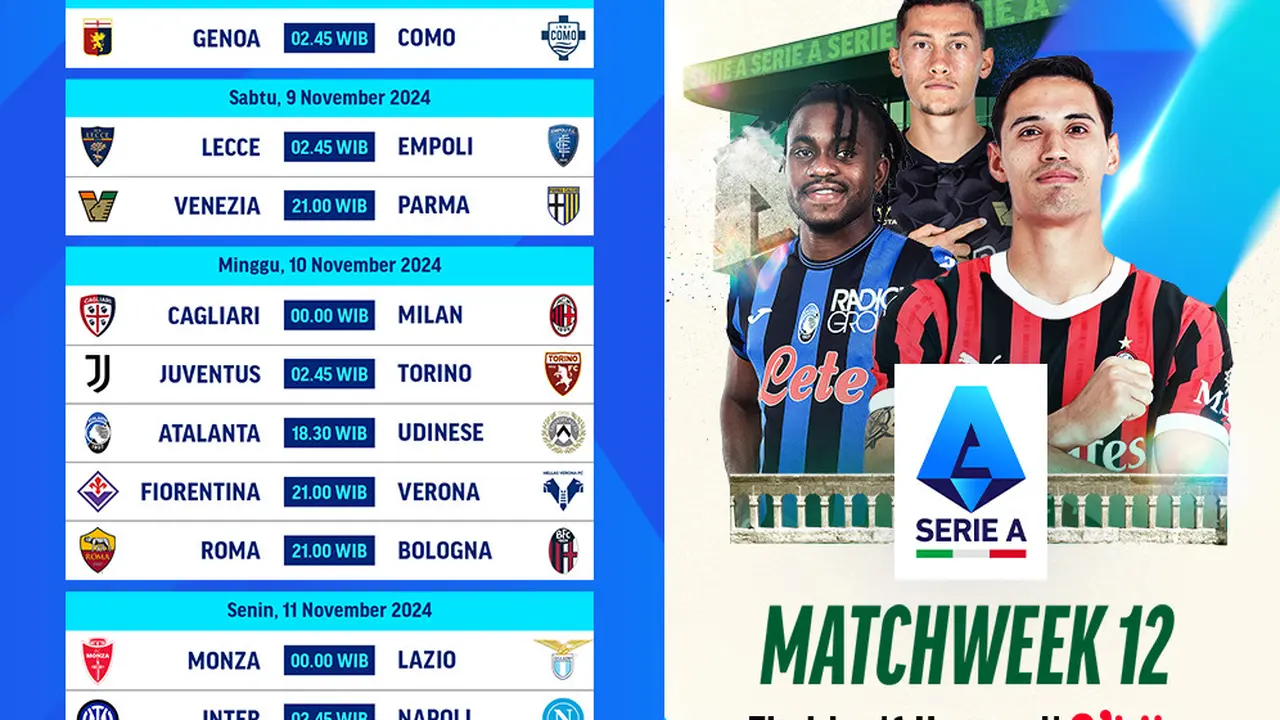Jadwal Liga Italia 2024/25 Matchweek 12 di Vidio