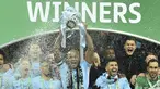 Para pemain Manchester City merayakan gelar juara Piala Liga usai mengalahkan Arsenal di Stadion Wembley, London, Minggu (25/2/2018). City menang 3-0 atas Arsenal. (AFP/Glyn Kirk)
