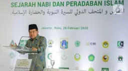 Ketua Umum DMI Jusuf Kalla menyampaikan sambutan dalam peresmian groundbreaking Museum Internasional Sejarah Nabi dan Peradaban Islam di kawasan Ancol, Jakarta, Rabu (26/2/2020). Indonesia terpilih untuk dibangun Museum Internasional Sejarah Nabi dan Peradaban Islam. (Liputan6.com/Faizal Fanani)