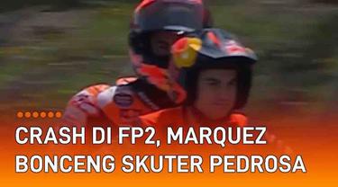 Momen unik terekam kamera saat latihan bebas ke-2 MotoGP Spanyol (29/4/2022). Marc Marquez membonceng motor skuter tim KTM yang dikendarai Dani Pedrosa untuk menuju ke pit. Momen itu terjadi usai MM93 crash kedua kalinya karena terpeleset di tikungan...