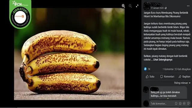 Gambar Tangkapan Layar Klaim Pisang Berbintik Hitam Mengandung TNF Antikanker (sumber: Facebook).