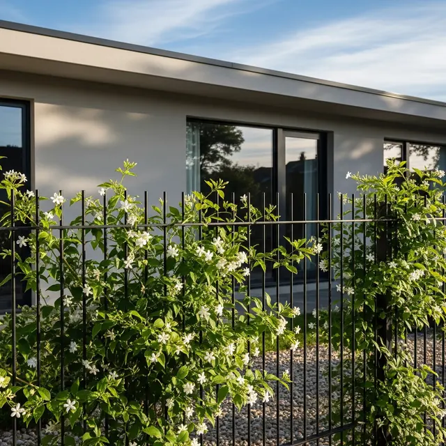 Pagar Rumah Minimalis dengan Tanaman Berbunga (Gemini AI)