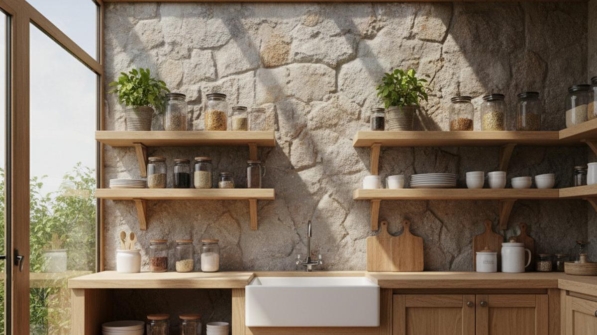 8 Desain Dapur Minimalis 2x3 Meter dengan Rak Kayu Gantung Ala Rustic Modern