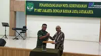 PT MRT dan Kodam Jaya teken nota kesepahaman bantuan pengamanan. (Liputan6.com/ Nanda Perdan Putra)