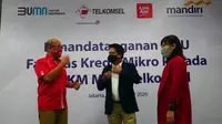 Bank Mandiri bersinergi dengan Telkomsel dan LinkAja dalam menyalurkan fasilitas kredit mikro bagi mitra Telkomsel melalui Digipos. (Dok Bank Mandiri)